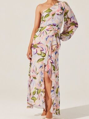 ASTR Samdersonia One-Shoulder Floral Maxi Dress in Pastel Pink and Green medium